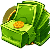 Mazzette di banconote verdi e moneta d'oro del gioco KO Million